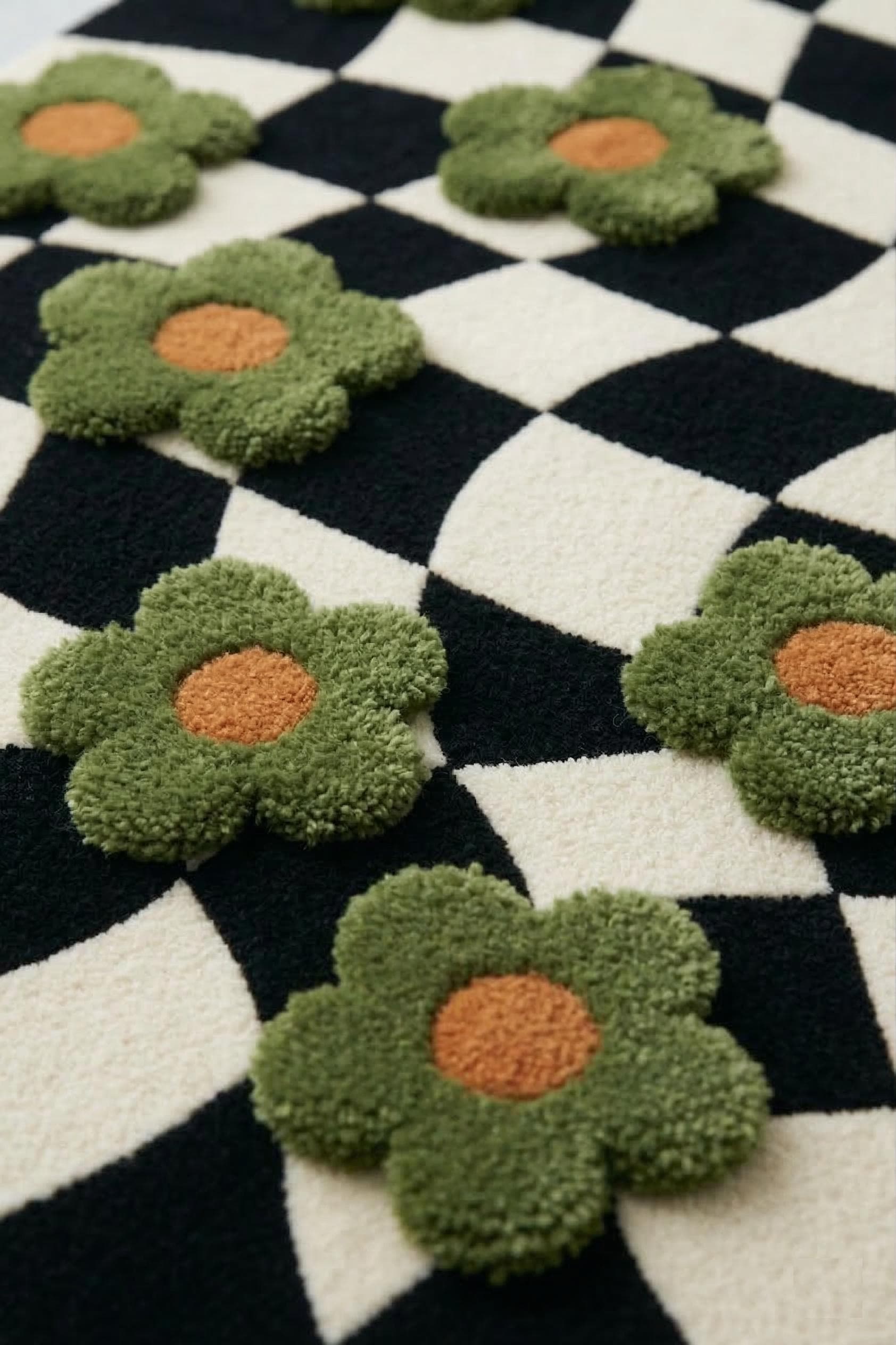 Wavy Checkered Flower Wool Rug Funky Moss Green Daisy Hand Tufted Carpet Aesthetic Retro Floral Area Rug Custom New Zealand Wool