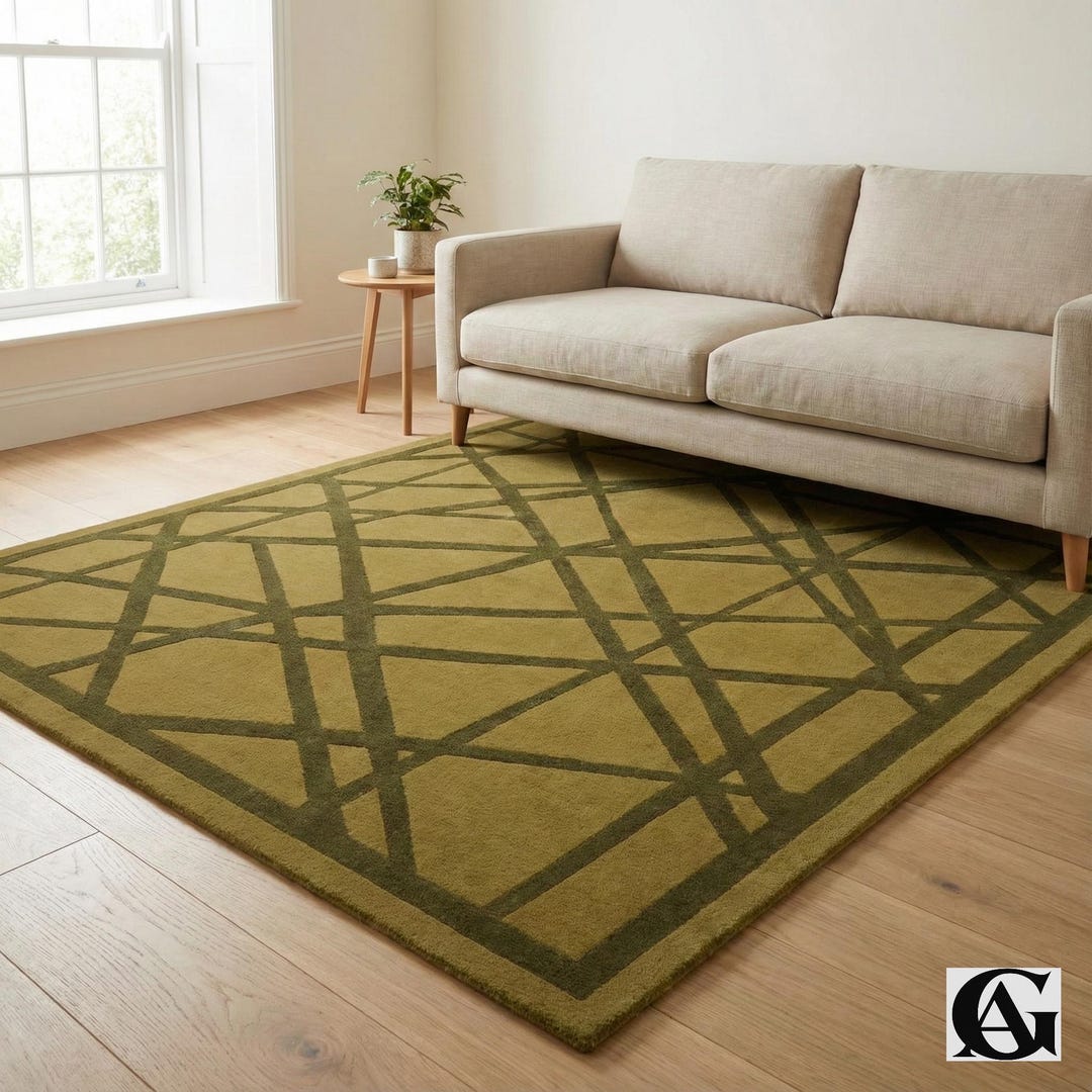 Beige Olive Green Rug Hand Tufted Rug Artsy Floor Rugs Abstract Line ...