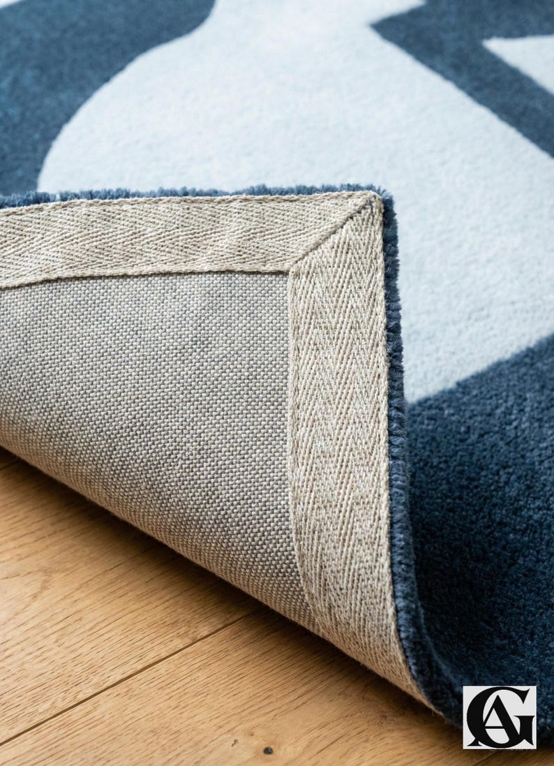 Abstract Navy Blue Rug – Modern Geometric Color Block Carpet – 8x10 Hand Tufted New Zealand Wool Area Rug – Arons Rugs
