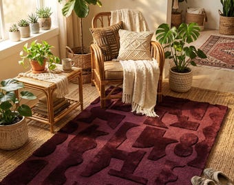 Artsy 3D Textured Burgundy Abstract Area Rug | Premium New Zealand Wool Handtufted Plum Decor | Modern Minimalist High-Low Pile Rug