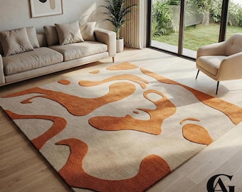 Abstract Terracotta Beige Rug Irregular Shaped Rug Hand Tufted Wool Carpet Unshape Rug Modern Aesthetic Area Rug Living Room Rug Gift Rug