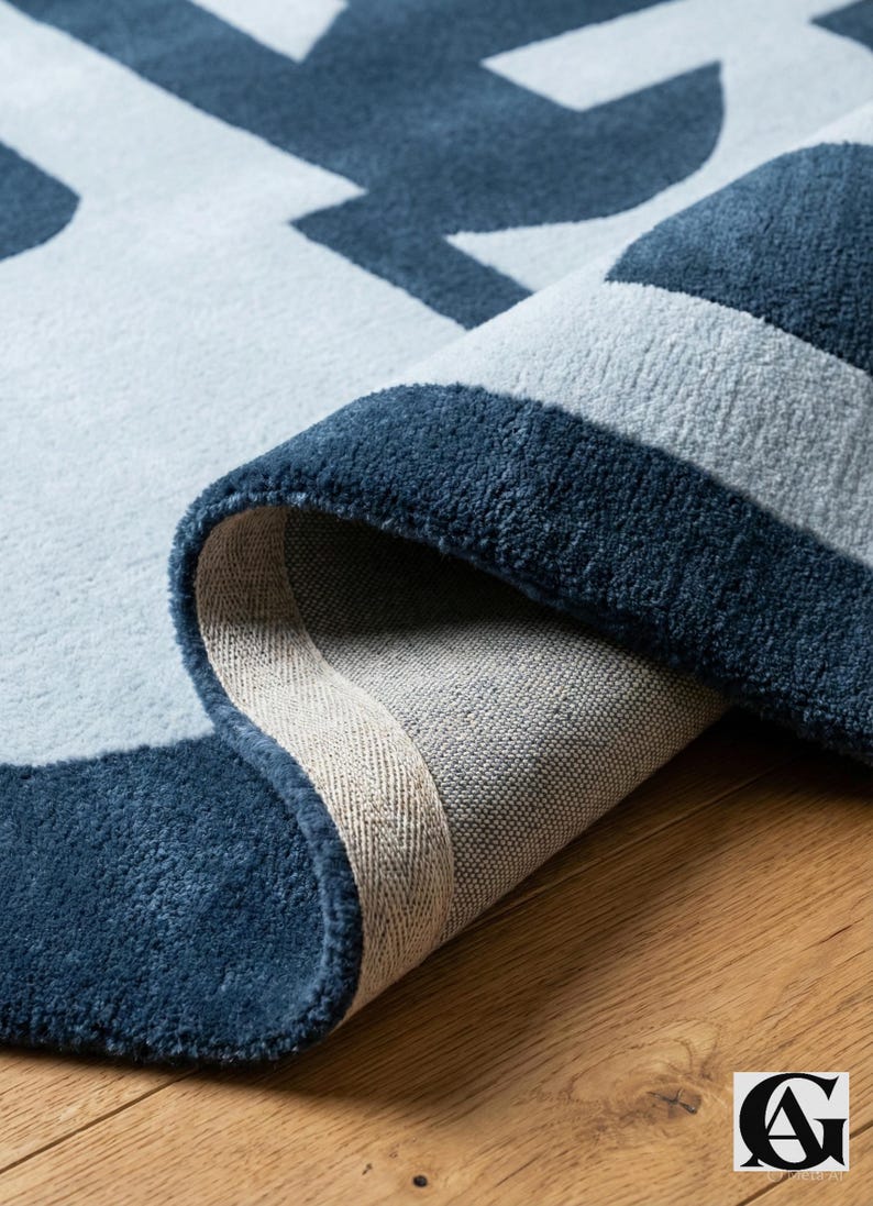 Abstract Navy Blue Rug – Modern Geometric Color Block Carpet – 8x10 Hand Tufted New Zealand Wool Area Rug – Arons Rugs