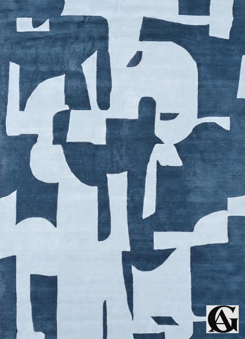 Abstract Navy Blue Rug – Modern Geometric Color Block Carpet – 8x10 Hand Tufted New Zealand Wool Area Rug – Arons Rugs