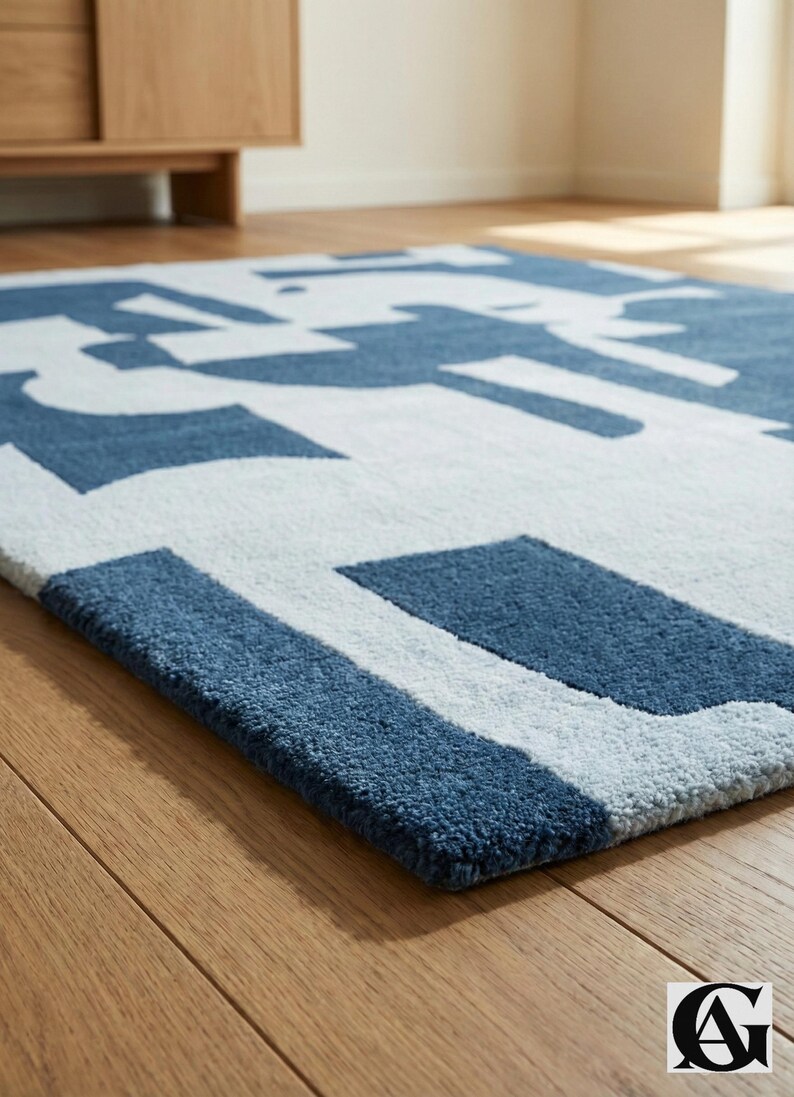 Abstract Navy Blue Rug – Modern Geometric Color Block Carpet – 8x10 Hand Tufted New Zealand Wool Area Rug – Arons Rugs