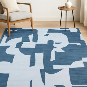 Abstract Navy Blue Rug – Modern Geometric Color Block Carpet – 8x10 Hand Tufted New Zealand Wool Area Rug – Arons Rugs