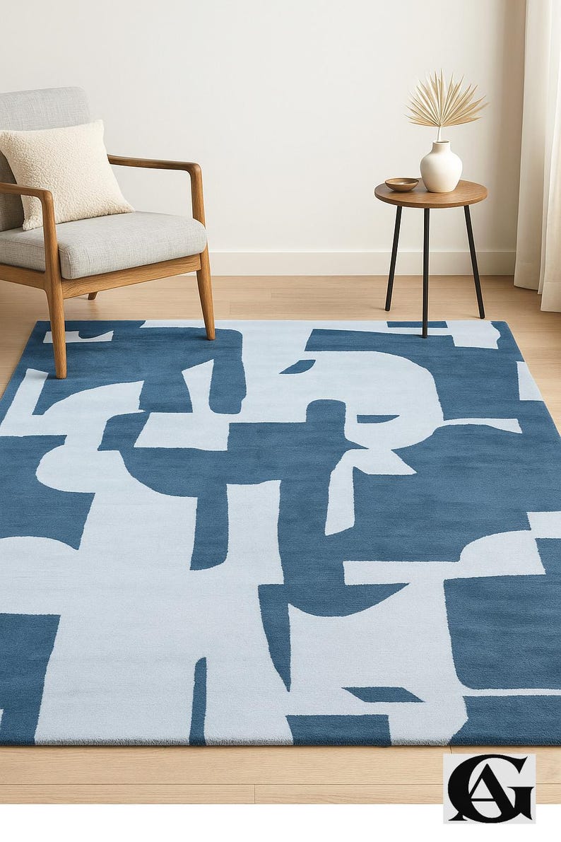 Abstract Navy Blue Rug – Modern Geometric Color Block Carpet – 8x10 Hand Tufted New Zealand Wool Area Rug – Arons Rugs