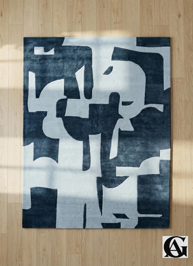 Abstract Navy Blue Rug – Modern Geometric Color Block Carpet – 8x10 Hand Tufted New Zealand Wool Area Rug – Arons Rugs