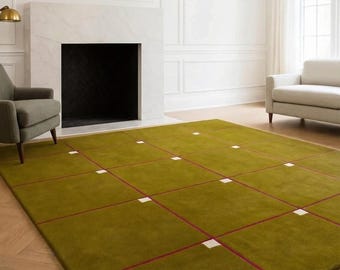 Olive Green Geometric Rug 8x10, Minimalist Hand Tufted Wool Carpet, Mid Century Modern Decor, Custom Size Heavy Wool Rug, Checkered Carpet