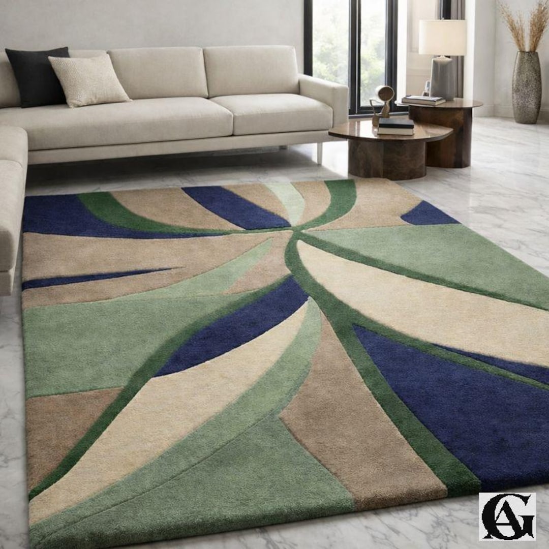 Abstract Navy Blue Forest Green Rug Geometric Tufted Rug Mid Century ...