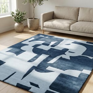 Abstract Navy Blue Rug – Modern Geometric Color Block Carpet – 8x10 Hand Tufted New Zealand Wool Area Rug – Arons Rugs
