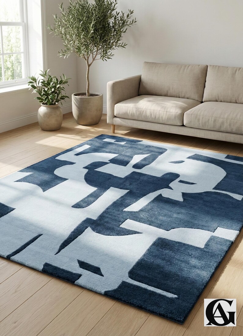 Abstract Navy Blue Rug – Modern Geometric Color Block Carpet – 8x10 Hand Tufted New Zealand Wool Area Rug – Arons Rugs