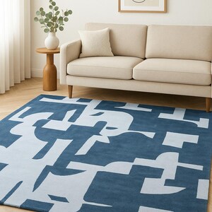 Abstract Navy Blue Rug – Modern Geometric Color Block Carpet – 8x10 Hand Tufted New Zealand Wool Area Rug – Arons Rugs