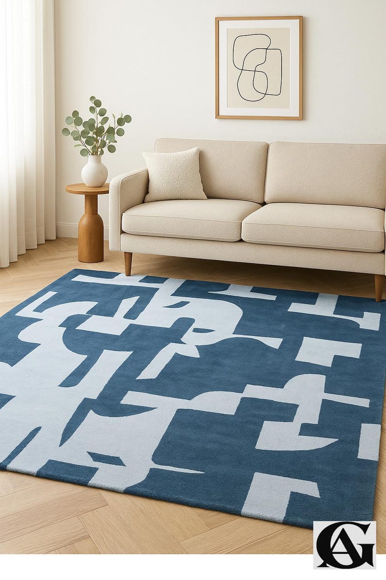 Abstract Navy Blue Rug – Modern Geometric Color Block Carpet – 8x10 Hand Tufted New Zealand Wool Area Rug – Arons Rugs