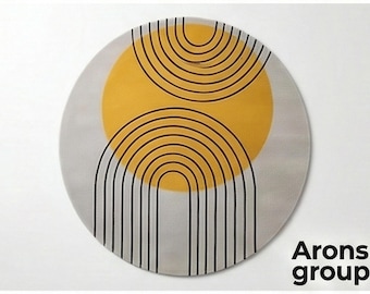 Round Geometric Area Rug, Yellow Sun and Black Arch Carpet, Minimalist Hand Tufted Wool Mat, Mid Century Modern Decor, Custom Size Rug