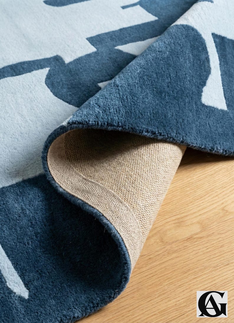 Abstract Navy Blue Rug – Modern Geometric Color Block Carpet – 8x10 Hand Tufted New Zealand Wool Area Rug – Arons Rugs