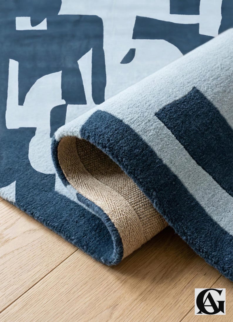 Abstract Navy Blue Rug – Modern Geometric Color Block Carpet – 8x10 Hand Tufted New Zealand Wool Area Rug – Arons Rugs
