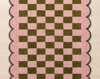 Scalloped Checkerboard Rug Pink and Green Rug Hand Tufted Wool Rug Wavy Edge Rug Aesthetic Room Decor Nursery Rug Custom Rug Checkered Rug