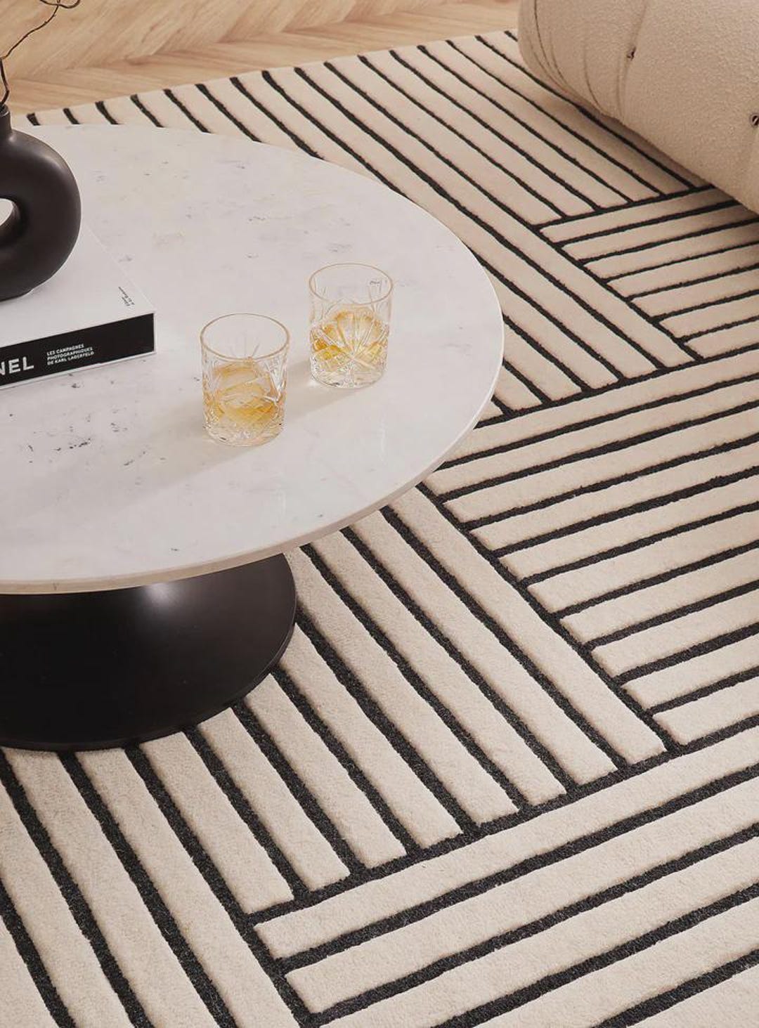 Modern Geometric Grid Wool Rug | Black Ivory Hand Tufted Carpet | Arons ...