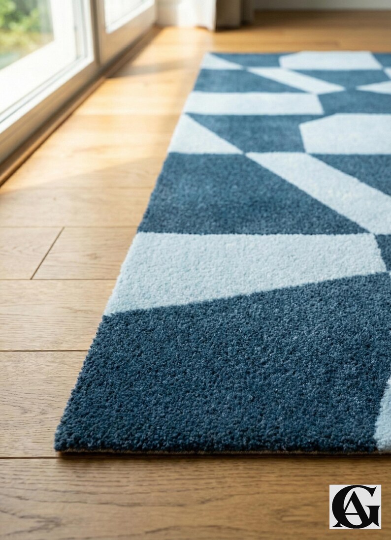Abstract Navy Blue Rug – Modern Geometric Color Block Carpet – 8x10 Hand Tufted New Zealand Wool Area Rug – Arons Rugs