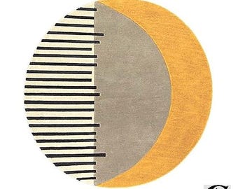 Abstract Round Rug, Yellow and Grey Circle Carpet, Mid Century Modern Decor, Custom Size Hand Tufted Wool Mat, Bauhaus Geometric Rug