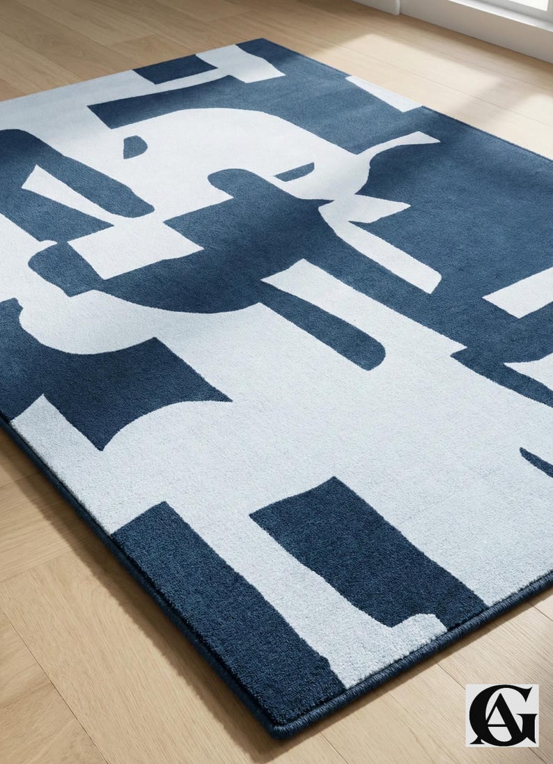 Abstract Navy Blue Rug – Modern Geometric Color Block Carpet – 8x10 Hand Tufted New Zealand Wool Area Rug – Arons Rugs