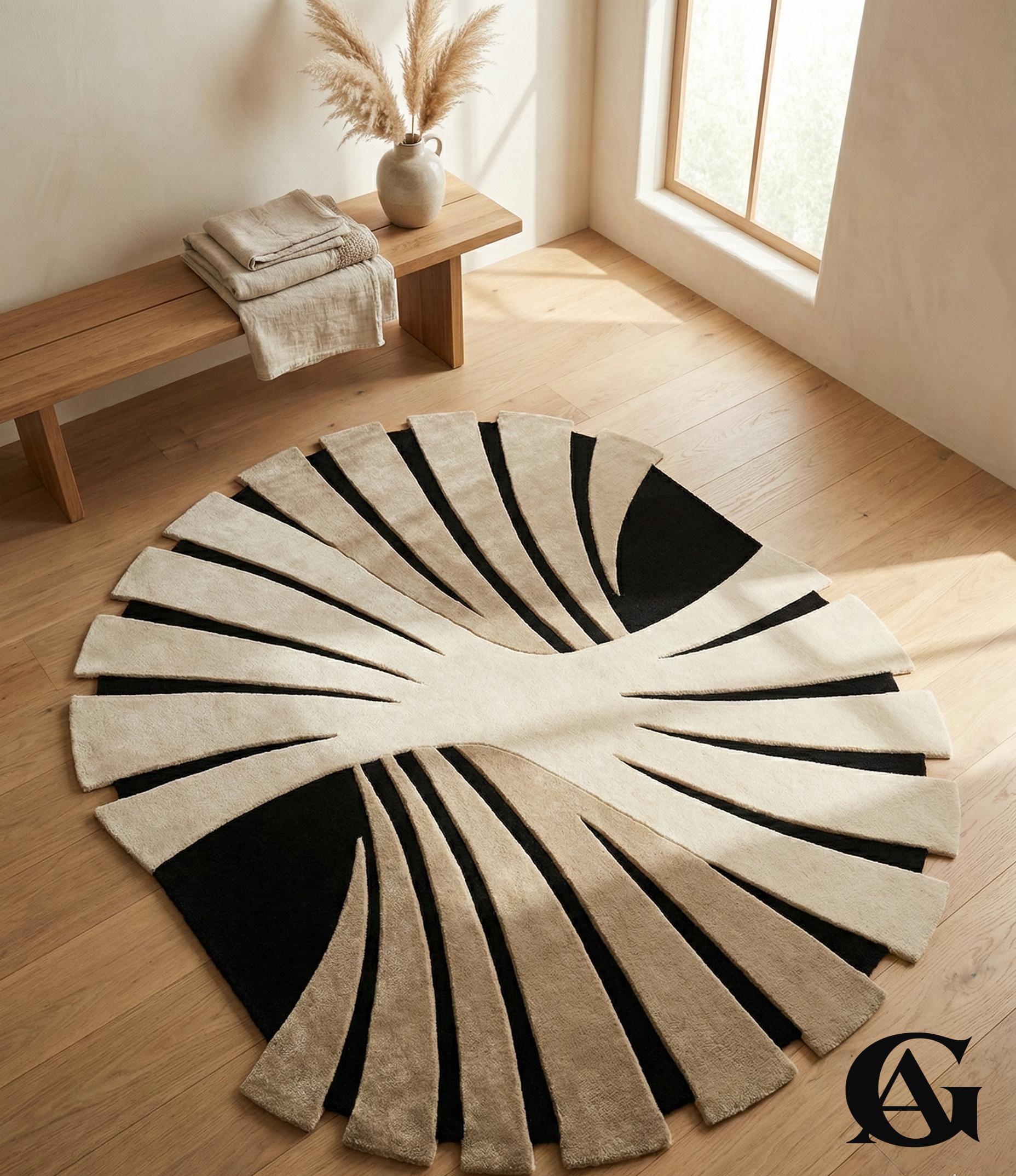 Abstract Burst Rug Irregular Shaped Rug Black Ivory Area Rug Unshape Rug 3D Relief Rug Modernist Decor Artsy Floor Rugs Sunburst Rug Carpet
