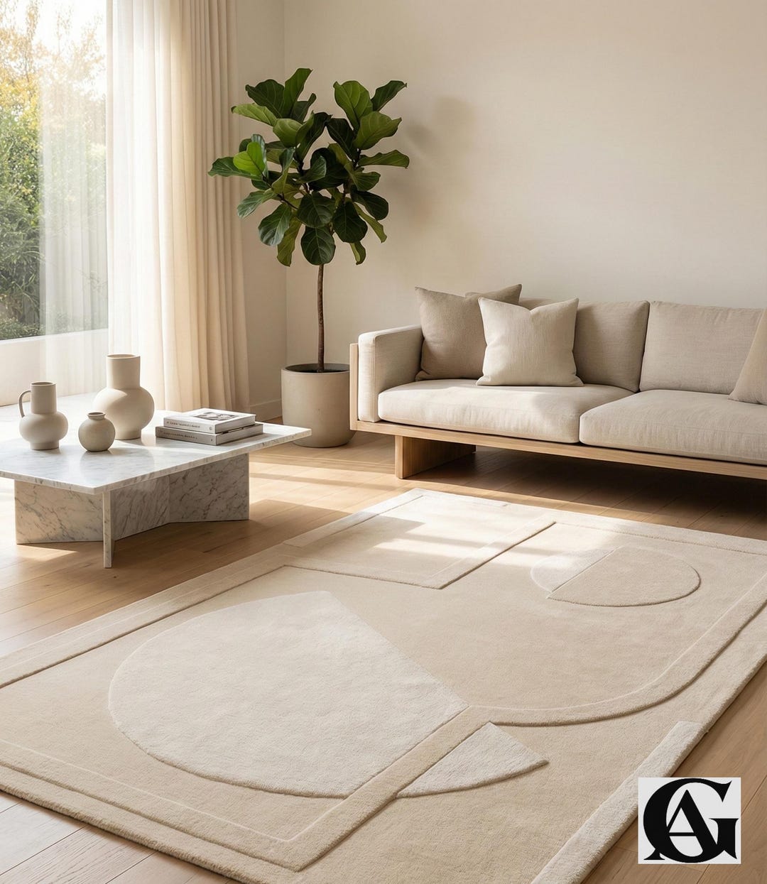 Beige Area Rug Handcrafted Rugs Artsy Floor Rugs Irregular Shaped Rug ...