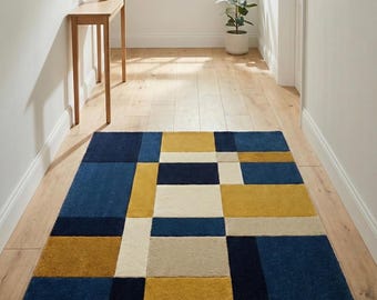 Navy Blue Geometric Rug Mustard Yellow Area Rug Hand Tufted Wool Carpet Mid Century Modern Rug Aesthetic Room Decor Scandanavian Floor Art