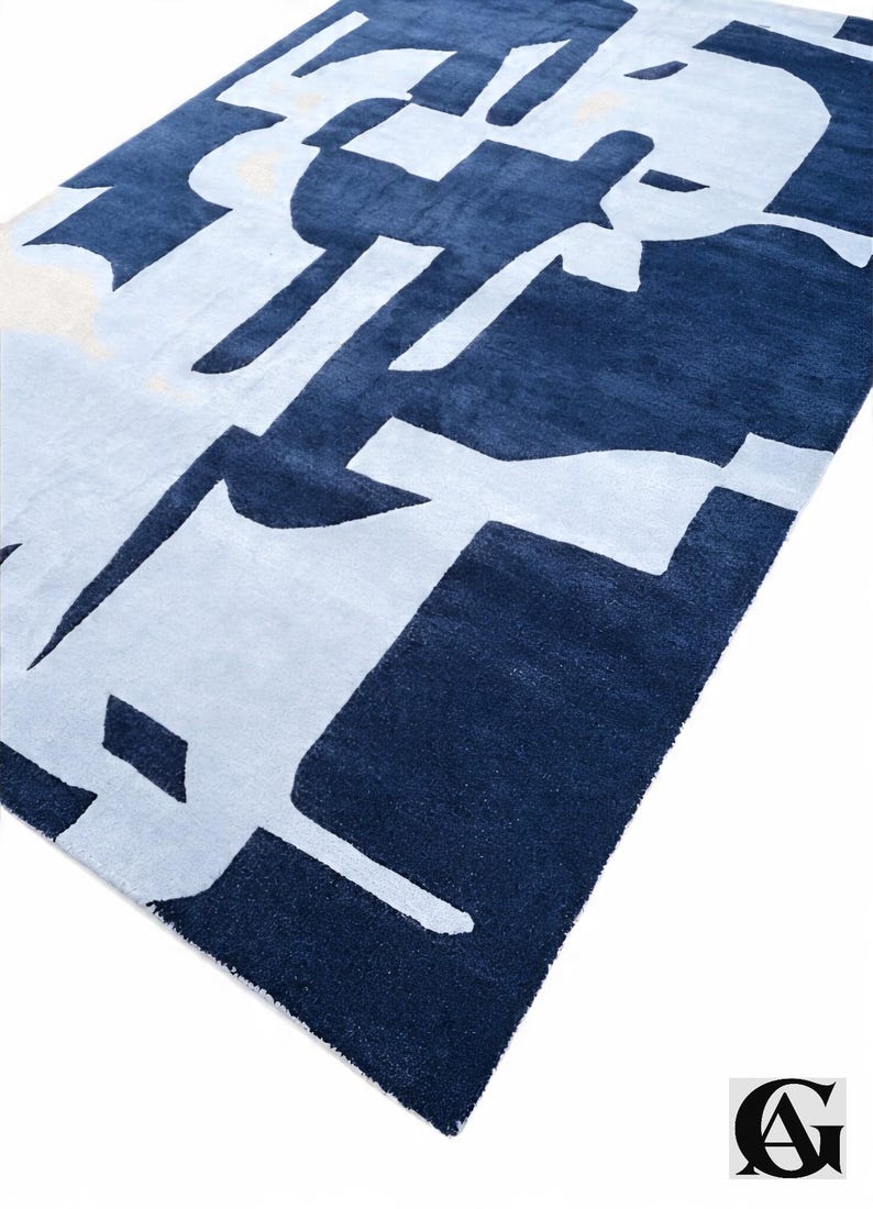 Abstract Navy Blue Rug – Modern Geometric Color Block Carpet – 8x10 Hand Tufted New Zealand Wool Area Rug – Arons Rugs