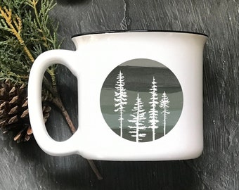 Coffee Mug, Forest Trees Campfire Mug, Ceramic Camp Mug, Coffee Cup, Gifts for Men, Camping Gift