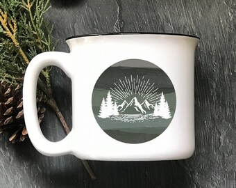 Coffee Mug, Mountain Campfire Mug, Ceramic Camp Mug, Coffee Cup, Gifts for Men, Camping Gift