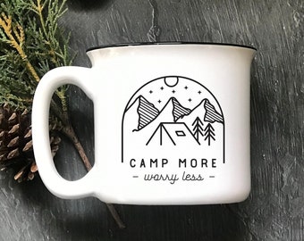 Coffee Mug, Camp More Worry Less Campfire Mug, Ceramic Camp Mug, Coffee Cup, Gifts for Men, Camping Gift
