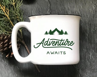 Coffee Mug, Adventure Awaits Campfire Mug, Ceramic Camp Mug, Coffee Cup, Gifts for Men, Camping Gift