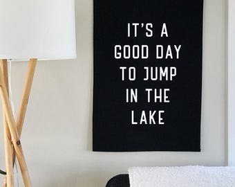 Jump In The Lake Canvas Wall Flag, Lake House Wall Art, Summer Tapestry Flag, Coastal Decor Wall Banner
