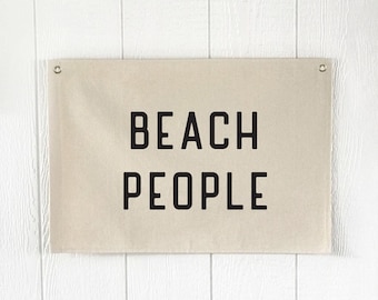 Beach Wall Decor Beach People Flag, Wall Art Hanging Pennant Banner, Coastal Home Decor for Summer, Canvas Wall Art