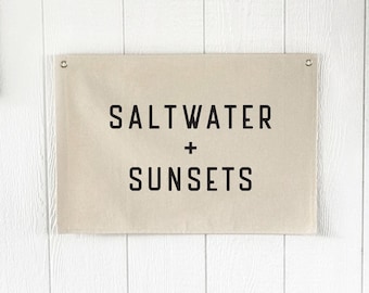 Saltwater and Sunsets Wall Flag, Beach Wall Art, Large Canvas Banner for Living Room, Coastal Home Decor for Summer