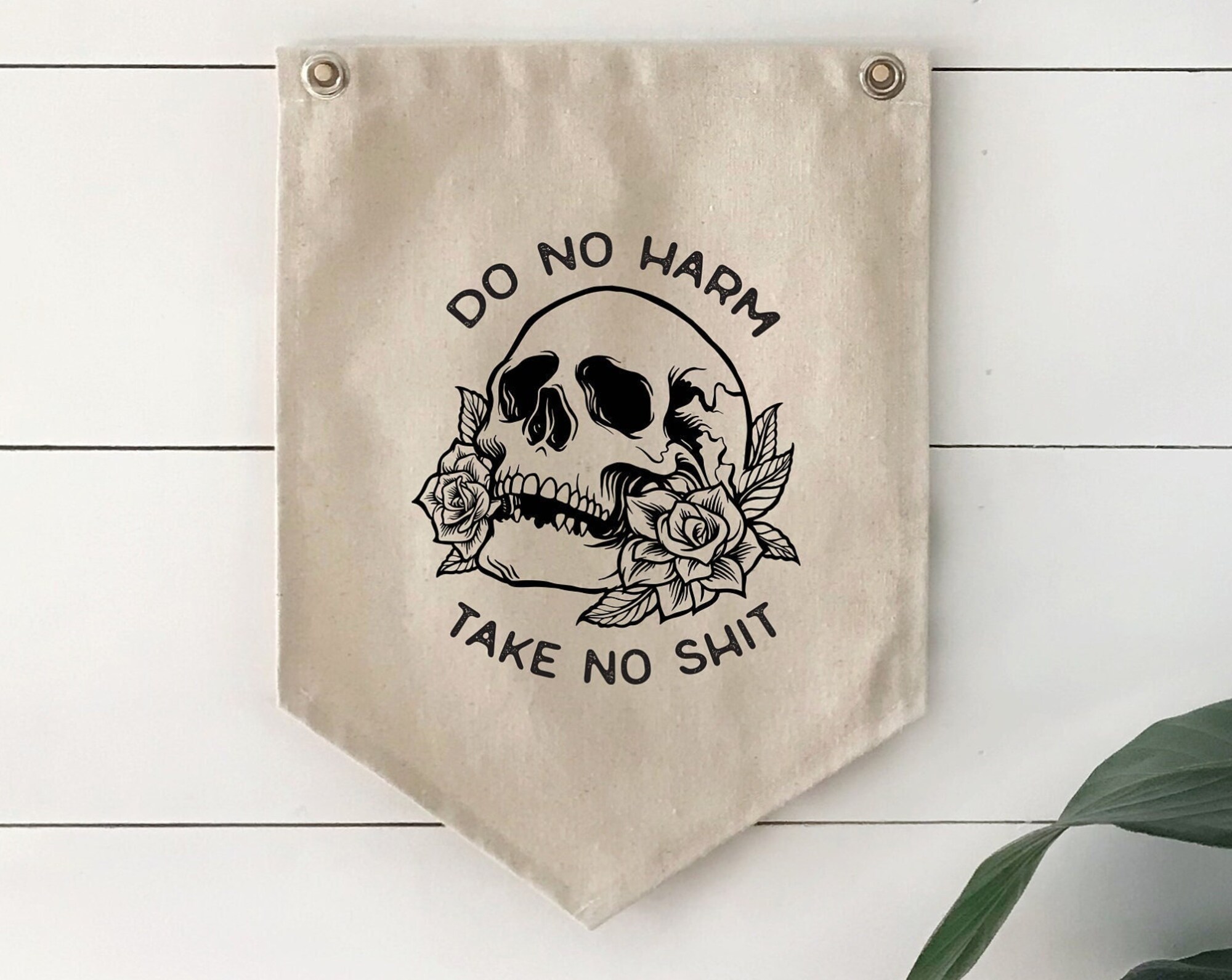 Pennant Flag Home Office Wall Decor, Do No Harm Take No Shit Floral Skull Wall Art, Canvas Banner