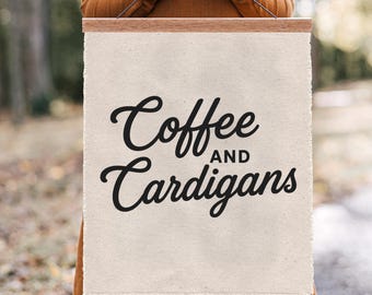 Fall Wall Art Decor, Coffee and Cardigans Canvas Sign, Autumn Tapestry Flag, Hanging Fabric Banner