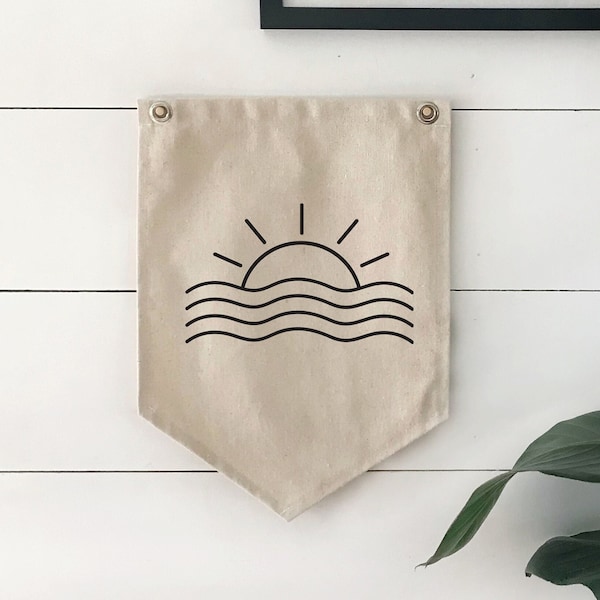 Beach Wall Decor, Sun and Waves Canvas Banner Sign, Hanging Nautical Pennant Flag, Coastal Lake House Decor for Summer