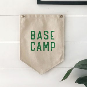 Hanging Canvas Sign, Base Camp Pennant Flag Wall Decor, Camping Art Banner, Summer Home Patio or Cabin Camper Decor