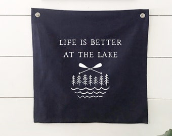 Life Is Better At The Lake Wall Flag Banner, Coastal Beach Wall Decor, Hanging Linen Tapestry, Nautical Home Decor for Summer