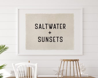 Beach Wall Art, Saltwater and Sunsets Canvas Poster, Surf Tapestry Flag, Coastal Wall Decor Banner