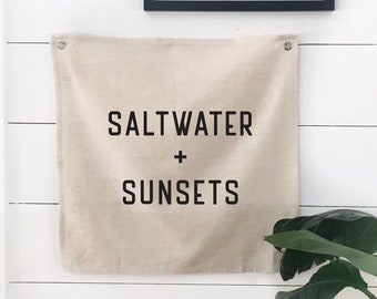Saltwater and Sunsets Wall Flag Tapestry, Beach Wall Decor Over The Bed , Nautical Nursery Art Linen Banner, Coastal Home Decor