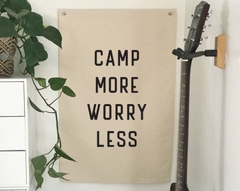Camp More Worry Less Hanging Canvas Banner, Large Wall Flag Sign, Over The Bed Wall Decor