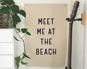 Meet Me At The Beach Print, Canvas Flag, Beach Wall Art Hanging Pennant Banner, Coastal Home Decor for Summer