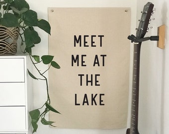 Meet Me At The Lake Canvas Flag, Lake House Wall Decor, Coastal Wall Art Hanging Pennant Banner, Summer Home Decor, Canvas Wall Art