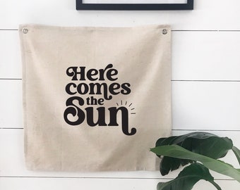 Here Comes The Sun Linen Banner, Boho Tapestry Flag, Beach Wall Decor, Summer Wall Art Banner, Home Office Decor