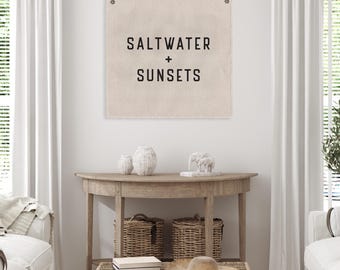 Beach Wall Art, Saltwater and Sunsets Canvas Poster, Surf Tapestry Flag, Coastal Wall Decor Tarp