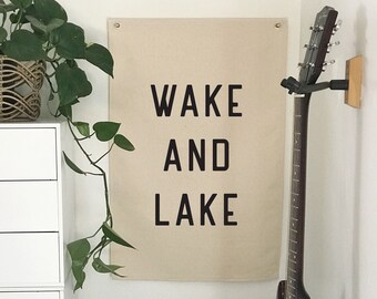 Wake And Lake Canvas Flag, Lake House Wall Decor, Coastal Wall Art Hanging Pennant Banner, Summer Home Decor, Canvas Wall Art