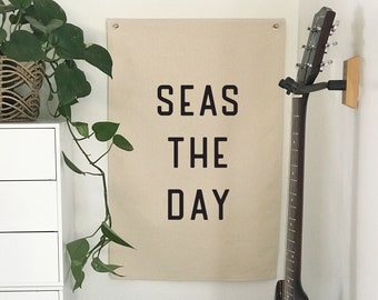 Seas The Day Wall Flag Tapestry, Boho Beach Wall Decor, Large Canvas Banner, Coastal Home Decor for Summer